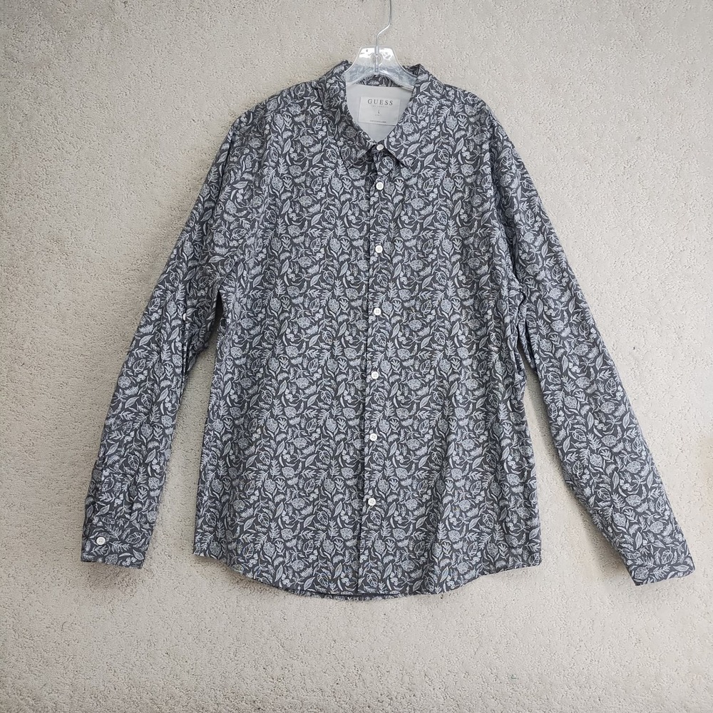 Guess Shirt Mens L Slim Fit Leaf Print Button Up Long Sleeve Cotton Gray Casual